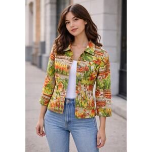 Chicos Womens Jacket Coat Cotton Modest Tropical Luau Fancy Buttons Size 0